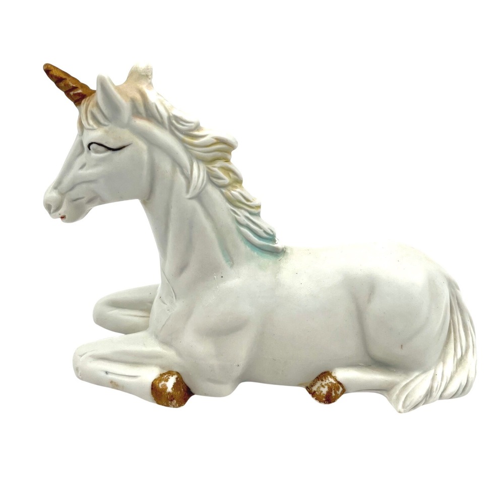 UNICORN Vintage 1980s Figurine Statue Decor White Rainbow Gold Laying Down 7"
